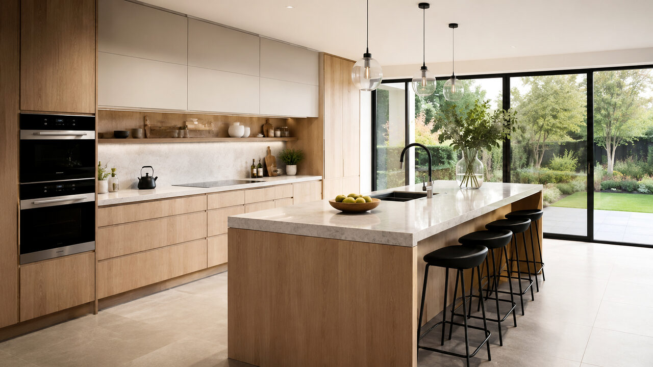 Moderne Einbauküche mit Kochinsel, Holzfronten und heller Arbeitsplatte